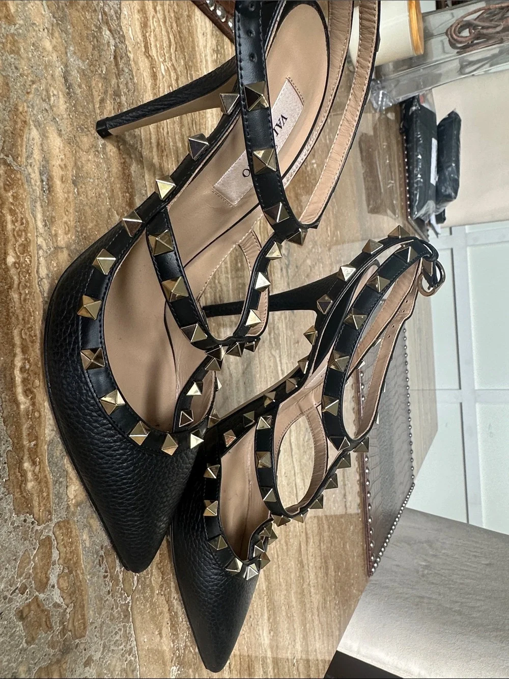 Black Studded T-Strap Pointed Toe Heels